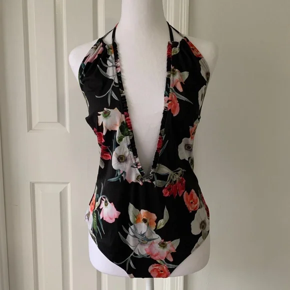 H&M Floral Swimsuit One-piece Bathing Suit Low Cut Halter Cheeky Flower Print 10 - Picture 1 of 8